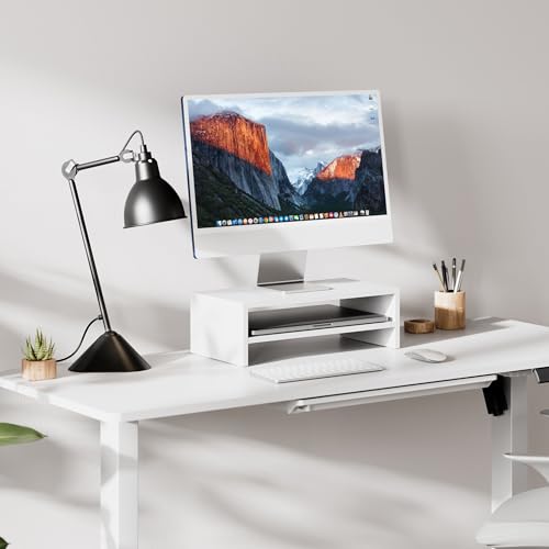 FITUEYES Monitor Stand - 2 Tier Computer Monitor Riser Shelf, Wood Desktop Stand for Laptop Computer Screen, Desk Organization, Office Supplies - color: White, size: 16.7“