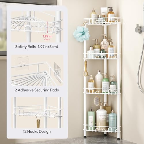 SWTYMIKI Standing Shower Caddy Corner - 4‑Tier Stainless Steel Shower Organizer Shelf with 16 Hooks and Adhesive Pads, Rustproof Corner Shelves Stand Rack for Bathroom Shower Room, white - color: White-4‑Tier