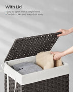 SONGMICS Laundry Hamper with Lid, 23.8 Gallon (90 L) Synthetic Rattan Clothes Laundry Basket with Lid and Handles, Foldable, Removable Liner, Black ULCB51BK - color: Black, size: 90 L