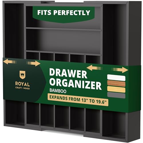 ROYAL CRAFT WOOD Luxury Bamboo Kitchen Drawer Organizer - Silverware Organizer - Utensil Holder and Cutlery Tray with Grooved Drawer Dividers for Flatware and Kitchen Utensils (9 Slot, Black) - color: Black, size: 9 Slot
