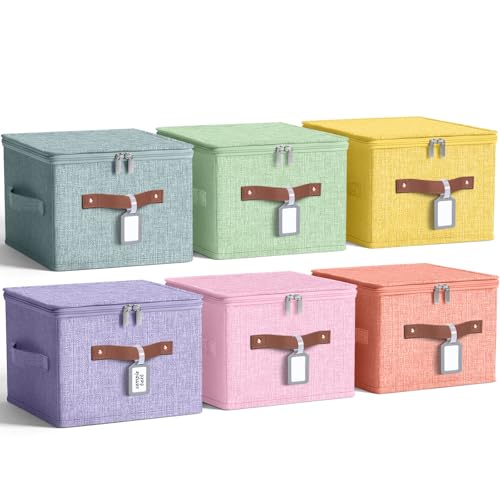 6 Pack Fabric Closet Storage Bins with Zipper Lids and Label, 10×8×7In Large Foldable Linen Decorative Storage Cubes with Leather Handle for Nursery, Pink, Purple, Blue, Green, Yellow, Orange - color: Pink, Purple, Blue, Green, Yellow, Orange, size: 10×8×