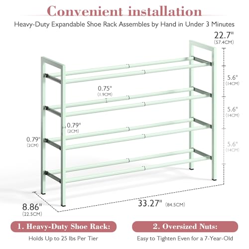 Bumusty 4-Tier Expandable Shoe Rack for Closet, 18“-33” Adjustable Shoe Rack for Small Space, Small Shoe Organizer for Front Door, Sturdy Metal, Green - color: Green, size: 4-Tier
