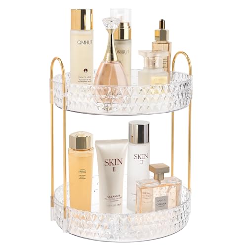 Rotating Makeup Organizer for Vanity, 2 Tier Perfume Skincare Storage for Women, Bathroom Counter Organizer, 360° Spinning Cosmetic Holder for Dresser Countertop, Clear - size: 2 Tier (Standard)