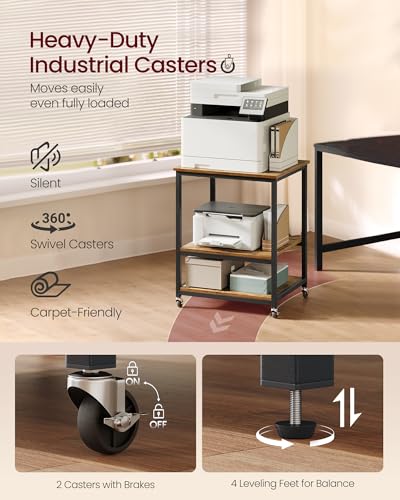 VASAGLE Printer Stand with Locking Wheels, Industrial Mobile Cart, Under Desk Printer Table for Home Office, 23.6 x 19.7 x 29.6 Inches, Storage Shelf, 3-Tier, Rustic Brown and Ink Black - color: Rustic Brown + Ink Black, size: 3 Tiers/Large
