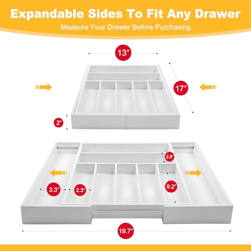 Large Premium Bamboo Silverware Organizer - Expandable Drawer Organizer & Utensil Organizer - 17"x19.7" Cutlery Tray with Dividers for Kitchen Utensils and Flatware (7-9 Slots) (White) - color: White, size: 9 Slots Expandable