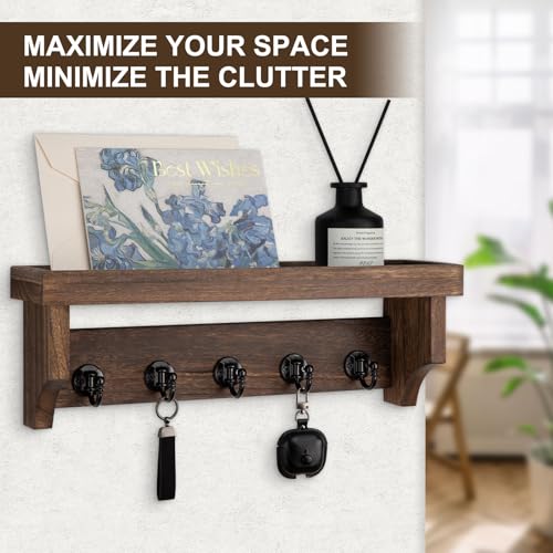 Key and Mail Holder Wall Mount, Key Holder with Shelf and Mail Organizer Wall Mount. Mail Holder with 5 Hooks for Coat, Dog Leash, Home Decor Rack, Entry Way Organizer (Brown) - color: Brown