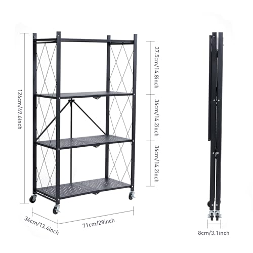 BRIAN & DANY 4-Tier Foldable Storage Shelves with Wheels, Folding Metal Rack Shelving Unit, Heavy Duty No Assembly Organizer Shelf for Garage, Kitchen, Basement, Pantry, Black - color: Black, size: 4-tier