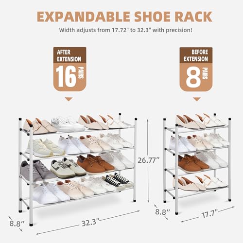STORAGE MANIAC Expandable Shoe Rack, 16 Pairs Stackable Small Shoe Rack, Metal Adjustable Shoes Organizer for Closet, Entryway, Hallway, Garage, Front Door, Shoes Shelves, White 4 Tier - color: White, size: 4 Tier