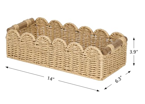 CubesLand Scalloped Edge Toilet Paper Storage Basket, Living Room Home Cozy Decor Basket, Paper Rope Small Baskets for Over Toilet Storage Shelf, End Table, Shelves, with 2 Wooden Handles, Beige - color: Beige, size: M - 14"L x 6.3"W x 3.9"H