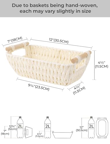StorageWorks Round Paper Rope Woven Basket with Wooden Handles for Gifts, Small Wicker Baskets for Shelf, Beige, 2-Pack - color: Beige, size: Small