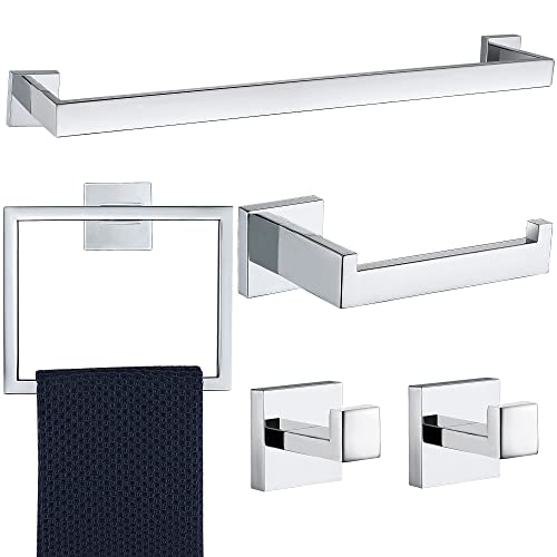 5 Pieces Bathroom Hardware Accessories Set Polished Chrome, 24Inch Bathroom Towel Rack Set SUS304 Stainless Steel, Square Bath Towel bar Set Wall Mounted, Heavy Duty - color: Polished Chrome, size: 24" 5pcs