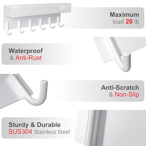 Lwenki Key Holder for Wall – Decorative Stainless Steel Key Hanger with 6 Hooks for Hats, Bags, Leashes – Mail Holder Key Rack with Mounting Hardware and Guide (9.65” x 2.8” x 2.2”) (White) - color: White