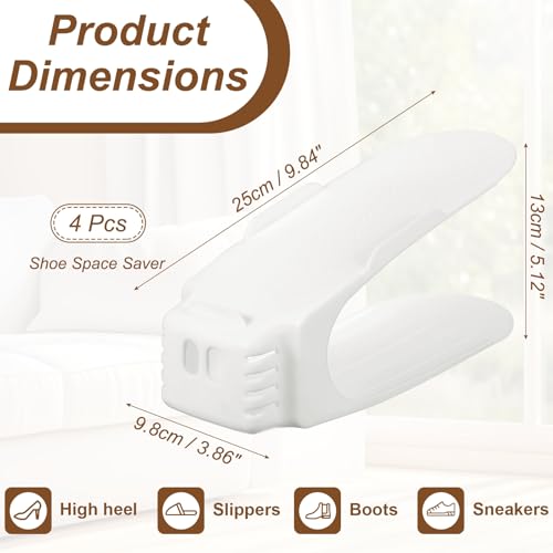 uxcell Shoe Slot Organizer 4 Pcs, 10.2x3.9x5.1 Inch Shoe Stacker Double Layer 50% Space Saver for Storage Closet Rack Organization, White - color: White