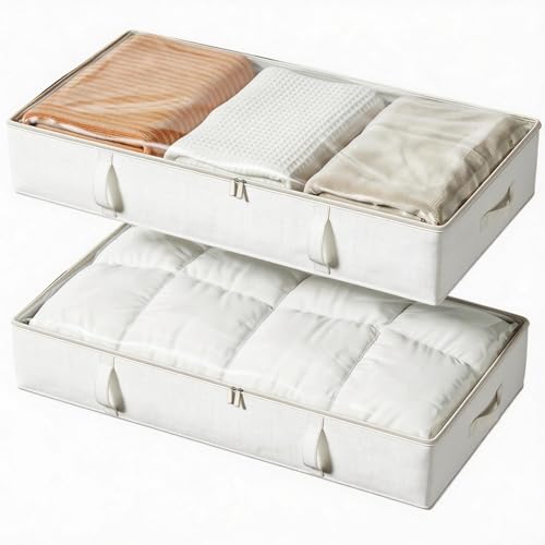 Vailando Storage Containers, 8 Inches Tall 80L Underbed Storage Bins with Sturdy Handles and Sidewalls, Closet Organizer for Clothes, Blankets, Seasonal Items, Beige, 2-Pack - color: Beige, size: 8 Inches Tall