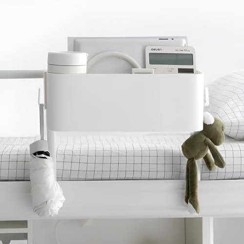 Bedside Organzier Caddy Hanging, Plastic Bunk Bed Shelf with Hooks, Large Storage Holder for Dorm Room Bed, Hospital Bed, Baby Bed Rails, 11 Lbs / 5 Kg Capacity (White) - color: White
