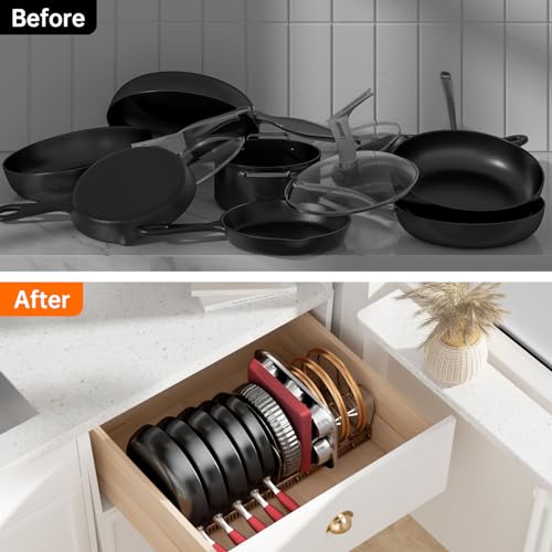 MUDEELA Pots and Pans Organizer under Cabinet, Expandable Pan Lids Organizers inside Cabinet with 12 Adjustable Dividers, Kitchen Storage Organization Pot Holder Cookie Sheet, Cutting Board Organizer - style: 12 Dividers-Bronze