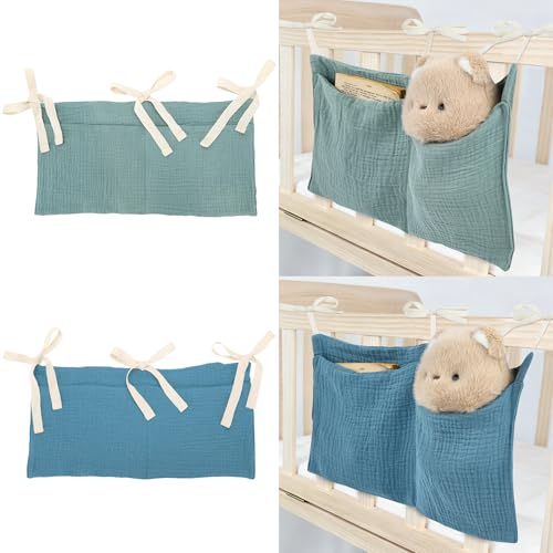 Cinaci 2pcs Cotton Pram Stroller Caddy Baby Crib Hanging Organizers Storage Pockets Nappy Diaper Bags Bedside Pockets for Milk Bottle/Soothing Toys/Wipes (Green Set) - color: Green and Blue Set