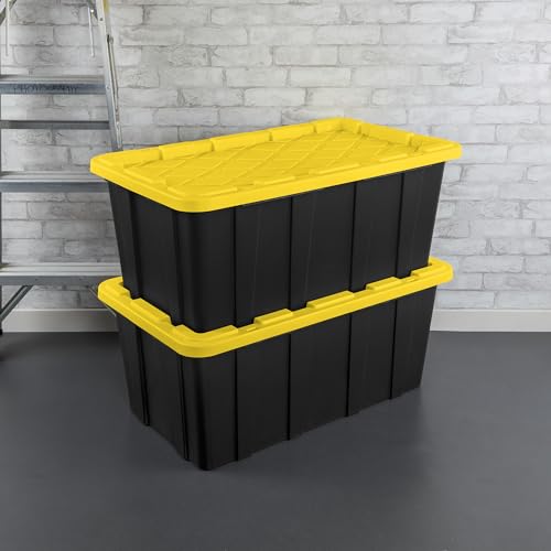 Sterilite 4-Pack Industrial Tote, Plastic Storage Container Bins with Lids, 38 Gallon - Heavy-Duty Organizing Containers for Closet, Bathroom, and Office - size: 38 Gallon - Black/Yellow