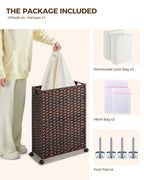 Greenstell Laundry Hamper with Wheels, 17.4 Gallon (66L) Slim Laundry Basket with 2 Removable Liner Bags & 2 Mesh Bags, Narrow Rattan Clothes Hamper for Bedroom, Laundry Room, Bathroom, Brown - color: Brown, size: 66L (19.7 x 7.9 x 27.6 inches)