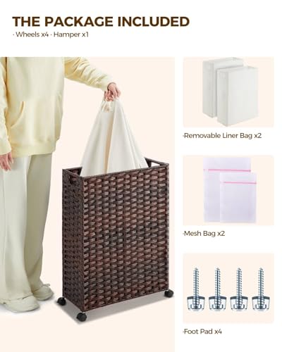 Greenstell Laundry Hamper with Wheels, 17.4 Gallon (66L) Slim Laundry Basket with 2 Removable Liner Bags & 2 Mesh Bags, Narrow Rattan Clothes Hamper for Bedroom, Laundry Room, Bathroom, Brown - color: Brown, size: 66L (19.7 x 7.9 x 27.6 inches)