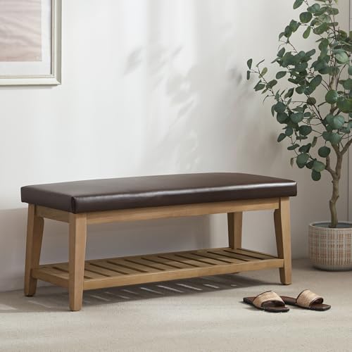 HUIMO Entryway Shoe Bench with Cushion, End of Bed Bench,Upholstered Bench for Kitchen, Bench with Solid Wood Shelf, Leather Ottoman Bench for Hallway, Living Room (PU-Brown) - color: Pu-brown