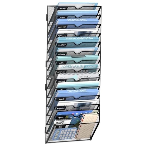 14 Tier Wall Hanging File Organizer, Paper Folder Holder Wall Mounted, Metal Mail Sorter for Office Home School, Black