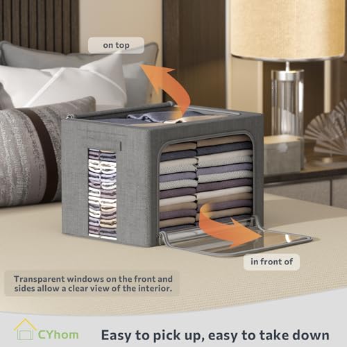 CYhom Clothes Storage Bins Box - Linen Fabric Foldable Stackable Container Organizer Set with Clear Window & Carry Handles & Metal Frame (Dark Gray, Medium-36L) - color: Dark Gray, size: Medium-36L