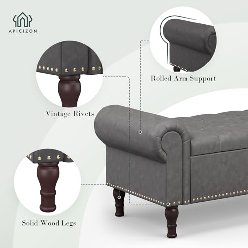 Apicizon 51” Bench with Storage, Upholstered Tufted Button Bedroom Bench with Storage, Faux Leather End of Bed Bench with Rolled Arms, Storage Ottoman Bench for Bedroom, Living Room, Entryway, Gray - color: A-grey, size: 51 Inches