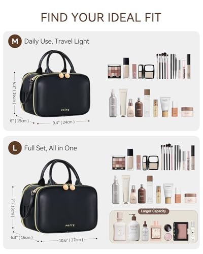 Prite Makeup Bag for Women, Large Capacity Waterproof Travel Cosmetic Organizer, Portable Open Flat Toiletry Bag with Free-standing Brush Holder and Handle(Black Large) - color: Black, size: Large
