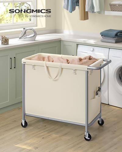 SONGMICS Laundry Basket with Wheels, Rolling Laundry Hamper, 47.5 Gallons (180 L), Removable Liner, Steel Frame with Handle, 31.5 x 15.4 x 31.9 Inches, Cream White URLS011W01 - color: Cream White, size: 180 L (1-Section), style: Rectangular with handle