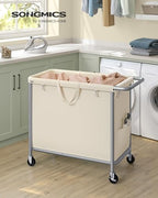 SONGMICS Laundry Basket with Wheels, Rolling Laundry Hamper, 47.5 Gallons (180 L), Removable Liner, Steel Frame with Handle, 31.5 x 15.4 x 31.9 Inches, Cream White URLS011W01 - color: Cream White, size: 180 L (1-Section), style: Rectangular with handle