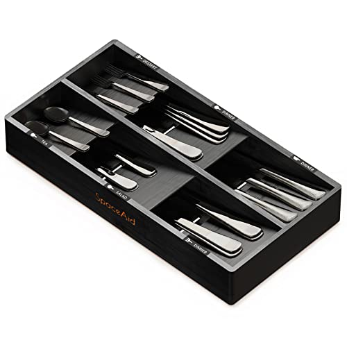 SpaceAid Bamboo Silverware Drawer Organizer with Labels, Kitchen Utensil Tray Holder Organizer for Flatware, Cutlery, Spoon and Knives Drawer Storage Organization (Black, 6 Slots) - color: Black