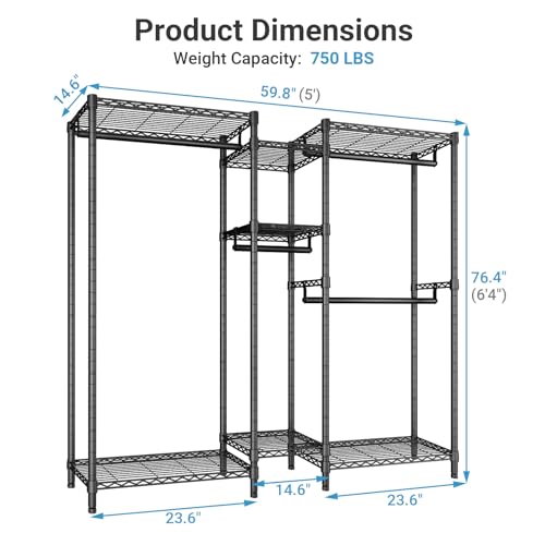 VIPEK Classic V6 Medium Heavy Duty Clothes Rack, 7-Tier Garment Rack with Adjustable Shelves, Portable Closet with 4 Hanging Rods, Space-Saving, 750lbs Capacity, 59.8" L x 14.6" W x 76.4" H, Black - color: Black, size: Classic V6 Medium