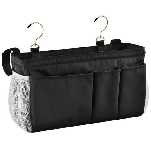 Black Bedside Caddy Storage Bag Bedside Organizer for Bed Rails College Dorm Room Organizer Caddy Hanging Shelf 6 Pockets with Hooks for Drinks Magazine Phone Holder - color: Black