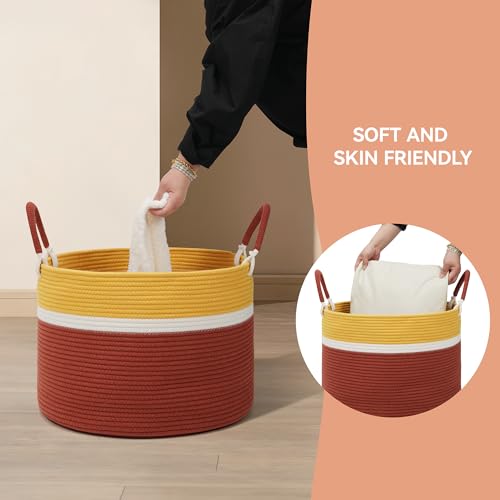 Large Blanket Basket (20"x13"), Woven Rope Storage Basket for Blankets, Clothes & Laundry - Living Room, Nursery, Bedroom (Yellow/Brown) - color: Yellow Brown