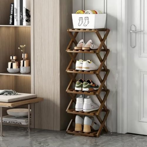 Foldable Shoe Rack, Bamboo Vertical Shoe Organizer Tall for Small Spaces. Multifunctional Narrow Shoe Shelf for Entryway, Closet, Corner, Bedroom, Hallway, Brown Color 6 Layers - color: Brown, size: 6 Layers