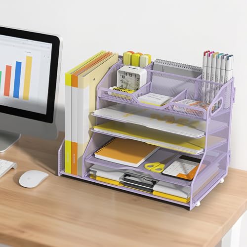 YINGHUA 5 Tier Paper Tray Letter Organizer with Top 6 Adjustable Compartments and File Holder - Paper Sorter Office Desktop Accessories with Handles for Document,Mail,School Supplies Storage,Purple - color: 5 Tier With File Holder-purple