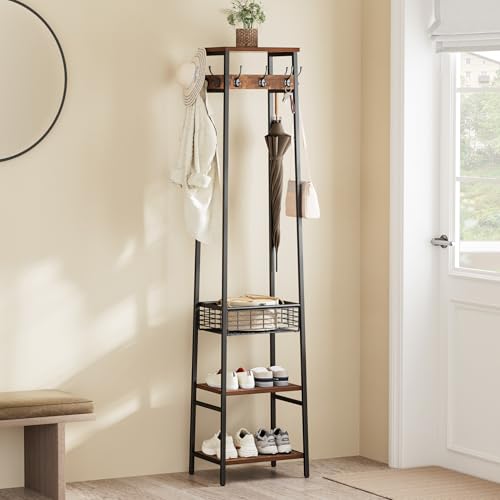 Coat Rack Freestanding, Coat Stand with Metal Basket and Storage Shelves, Hall Tree Free Standing With and 7 Hooks, Clothes Rack Stand Organizer, Rustic Brown and Black - color: Rustic Brown and Black, style: 2 Shelves + 1 Basket