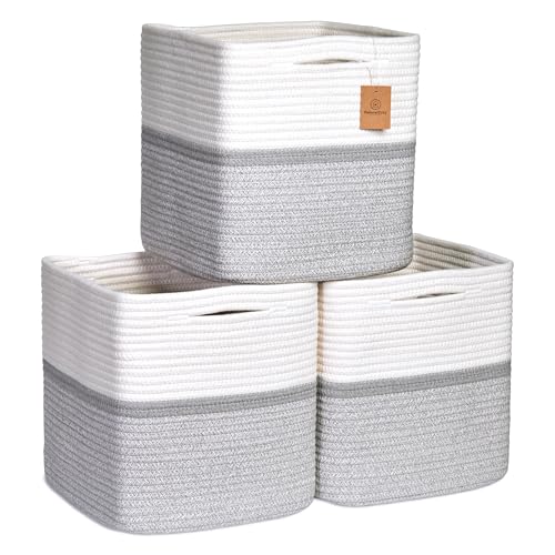 NaturalCozy Storage Cubes 11 Inch Cotton Rope Woven Baskets for Organizing, 3-Pack | Cube Storage Bin | Square Storage Baskets for Shelves Organizer, Classroom, Kids Toy Bins, Closet, Baby Nursery - color: Off White & Gray & Mixed Gray