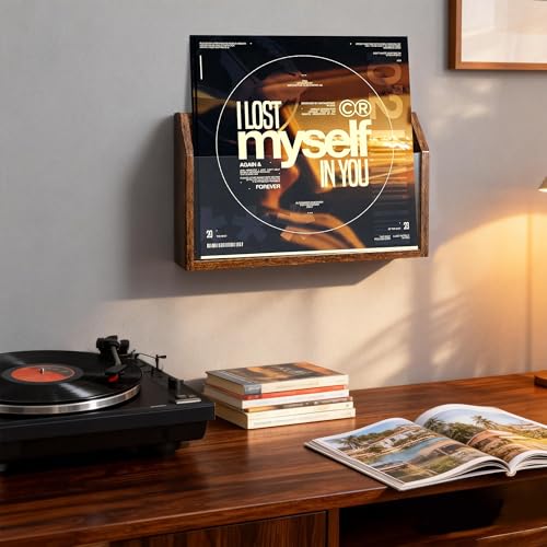 Wall Magazine Holder – Wooden Wall Mounted Magazine Rack, Clear Acrylic Panel – Magazine, Book, Home Office File Organizer – Vinyl Record Holder – Rustic Brown