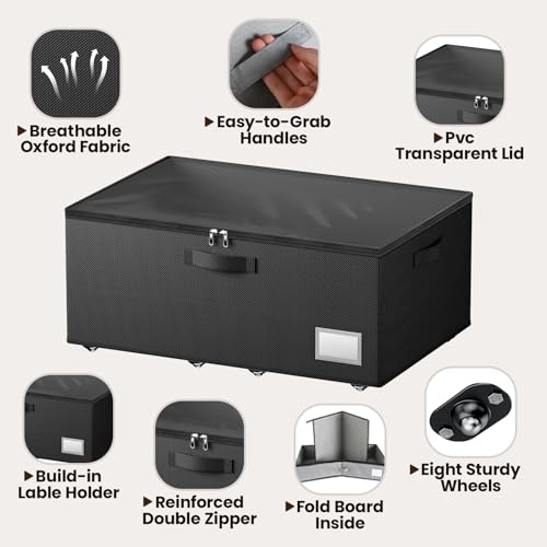 Dayacoco Underbed Storage with Wheels, 2 Pack Under Bed Storage Containers with Clear Lids, No Assembly Required 10.1 inch Rolling Under Bed Storage for Clothes, Blankets - size: 10.1 inch height-black