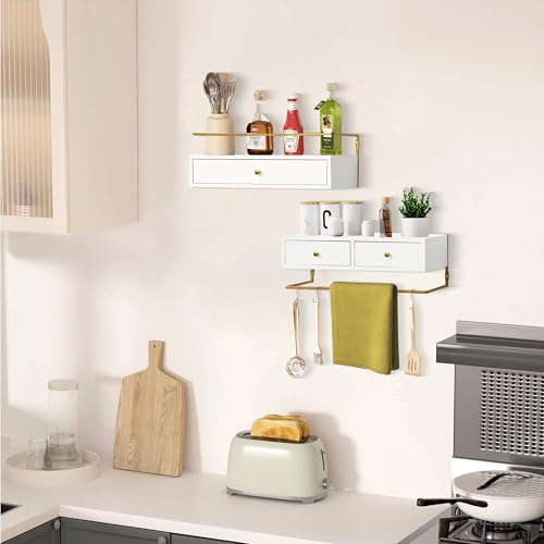 Dreampossible Floating Shelves With Drawers Set of 2, Wall Mounted Bathroom Storage, Rustic Wood Shelves for Bedroom, Living Room, Kitchen, Home Decor, Plants, Books (White) - color: White, size: 13.8 Inch Long