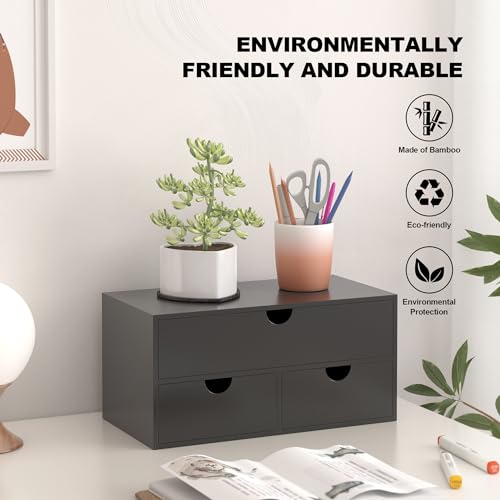 Bamboo Desk Organizer with Drawers Desktop Storage Drawers for Bills Office Supplies Kitchen Utensils Organizing Tool for Home Classroom Organization No Assembly (Black) - color: Black