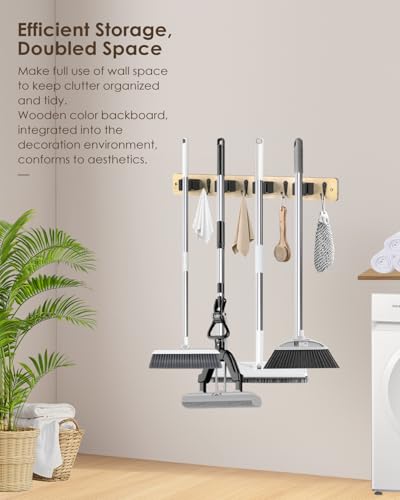 Broom Holder Wall Mounted, Light Wood 4 Holders and 4 Hooks Mop Holder, Wooden Mop and Broom Holder with Anti slip rubber, Natural pine wood Brush Holder, Mop Wall Holde with Nail installation - color: Light Wood, size: 1 Pack