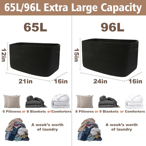 JMvicyroam Woven Blanket Basket,96L Large Storage Bin for Blankets Toys Clothes,Decorative Rope Basket for Living Room Bedroom with Handles, Black - color: Black, size: 96L