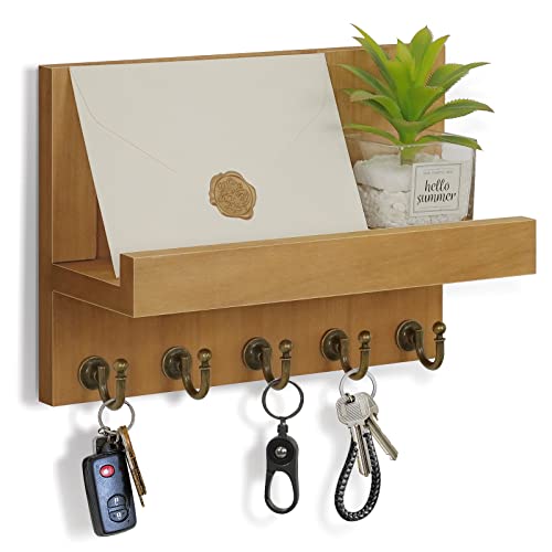 HONJIN Farmhouse Wall Key Holder for Wall : Holiday Card Slot Design Wooden Mail Organizer Wall Mount Dog Leashes Holder Hanger (Light Brown) - color: Light Brown