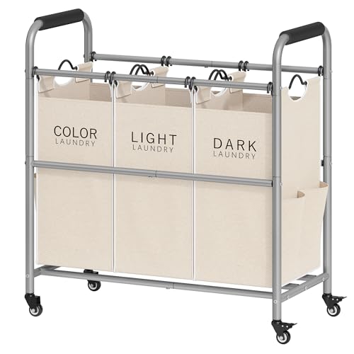 Tajsoon 3 Bag Laundry Sorter Cart, Laundry Hamper Sorter Basket with Heavy Duty Lockable Rolling Wheels for Clothes Storage, Beige - color: Beige, size: 3 Bag