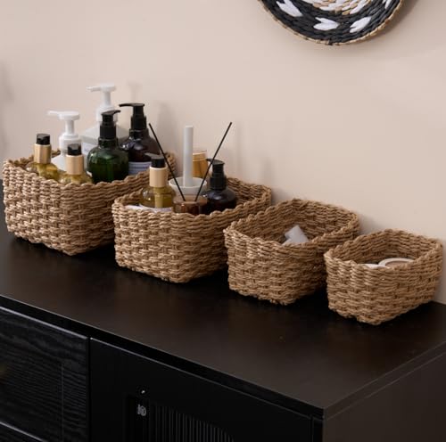 4PCS Woven Storage Baskets Set, Small Baskets for Organizing, Square Handwoven Paper Rope Organizer Bins for Shelves and Home Storage (Brown) - color: Brown