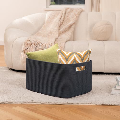 OIAHOMY 75L Large Blanket Basket, Woven Storage Basket with Handle, Cotton Rope Basket 22”x17”x12”,Blanket Basket Living Room, Toy Basket for Nursery, Blue - color: Blue, size: 22”x17”x12”