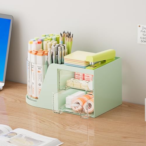 Marbrasse Desk Organizer with 2 Drawer, 360°Rotating Pen Holder, Desk Organizers and Accessories with 6 Slots Pencil Holder + 2 Drawer, Art Supply Storage Box Caddy for Office (Green) - color: Green